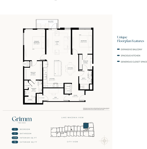 Floor plan for 2 beds, 2 baths, 1466 sqft